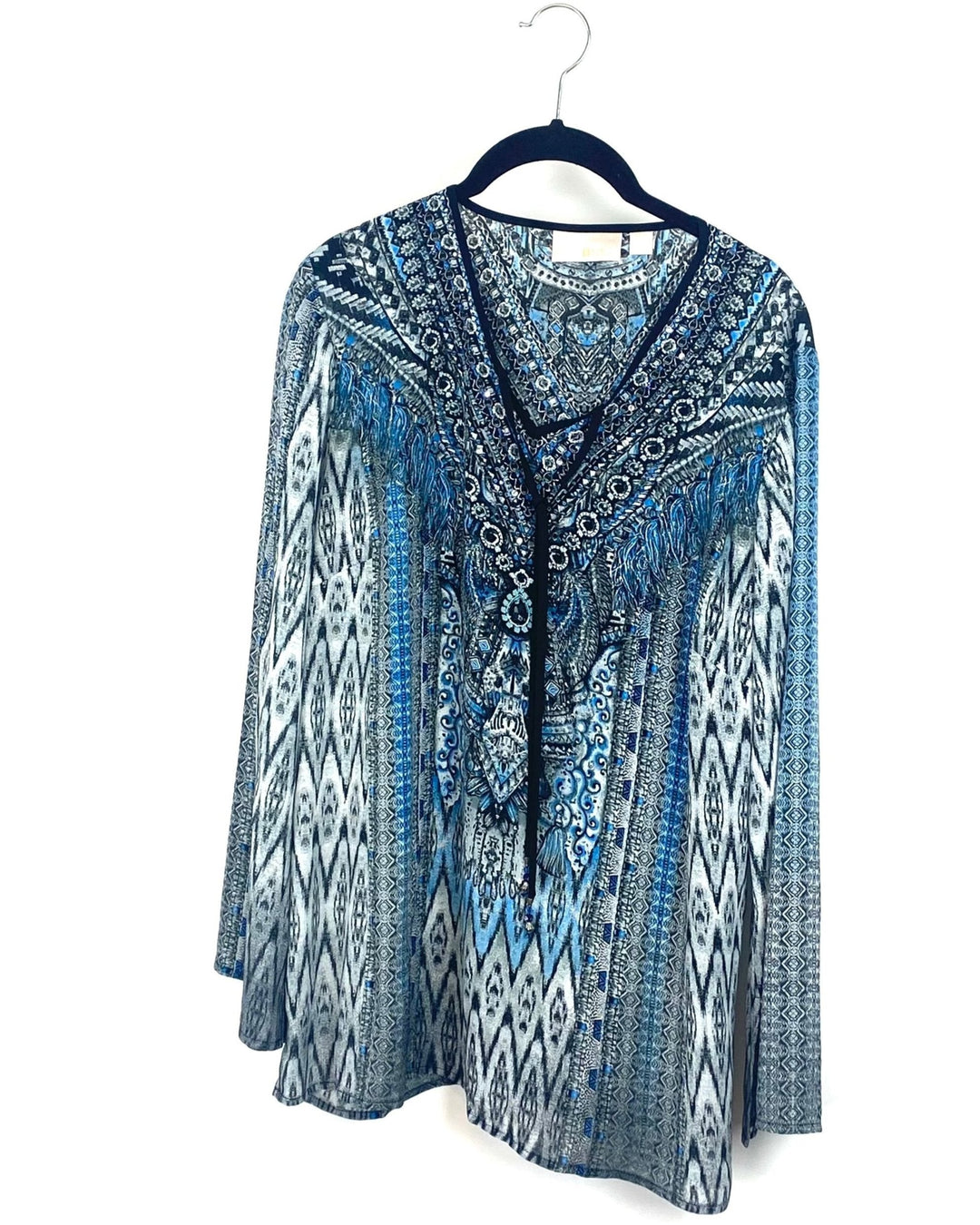 Blue And Grey Long Sleeve Blouse With Beaded Neck Line - Medium/Large