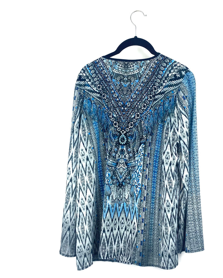 Blue And Grey Long Sleeve Blouse With Beaded Neck Line - Medium/Large