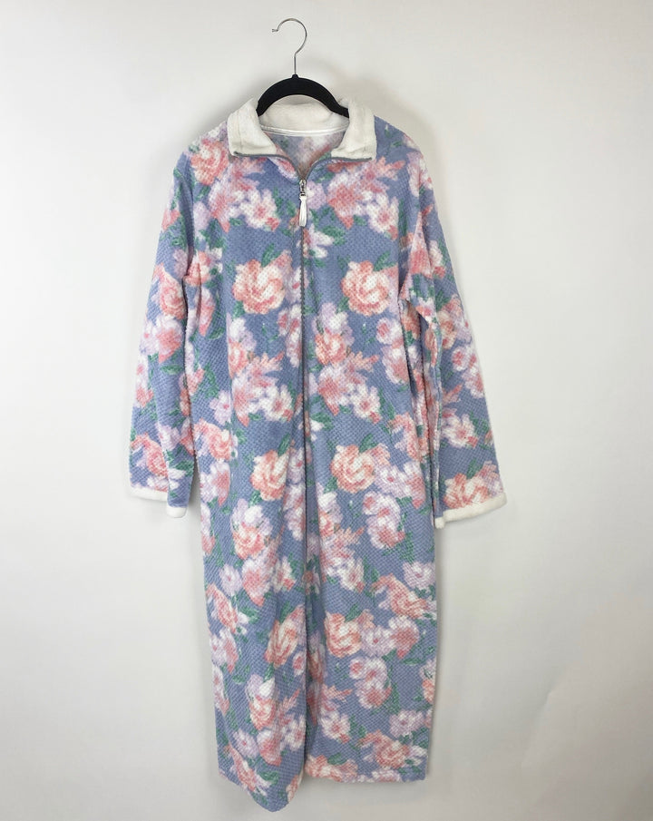 Floral Print Zip Up Long Robe - Small & 1X