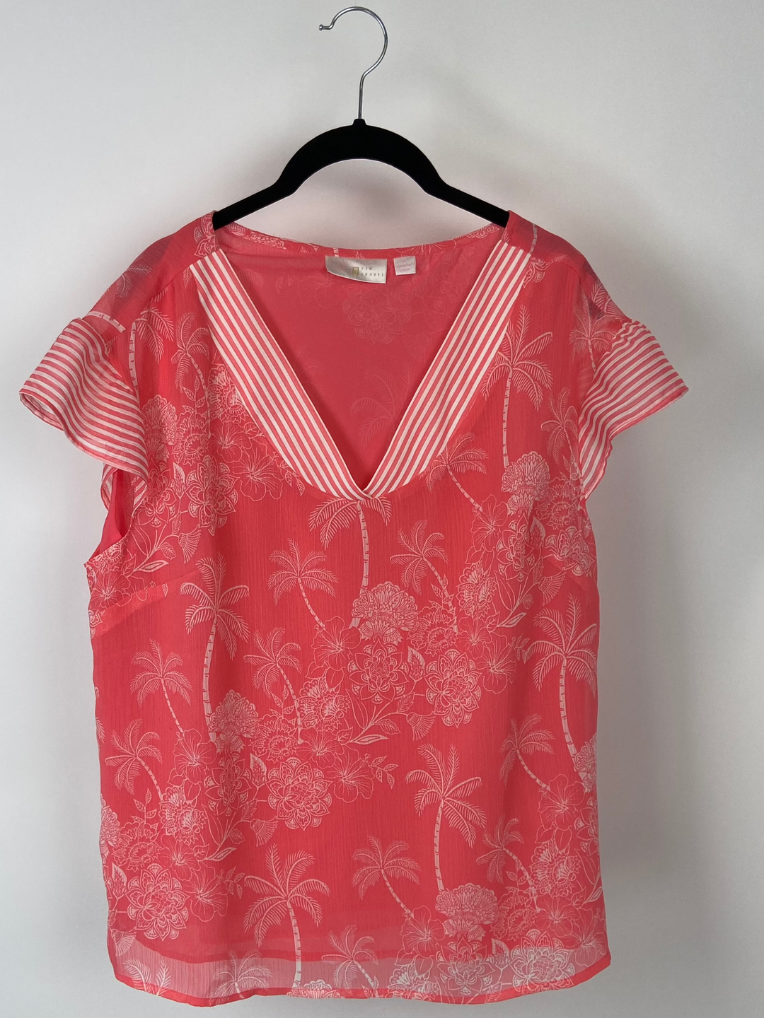 Pink Cap Sleeve Top With Tropical Print - Medium/Large