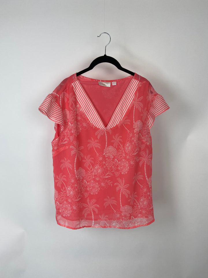 Pink Cap Sleeve Top With Tropical Print - Medium/Large