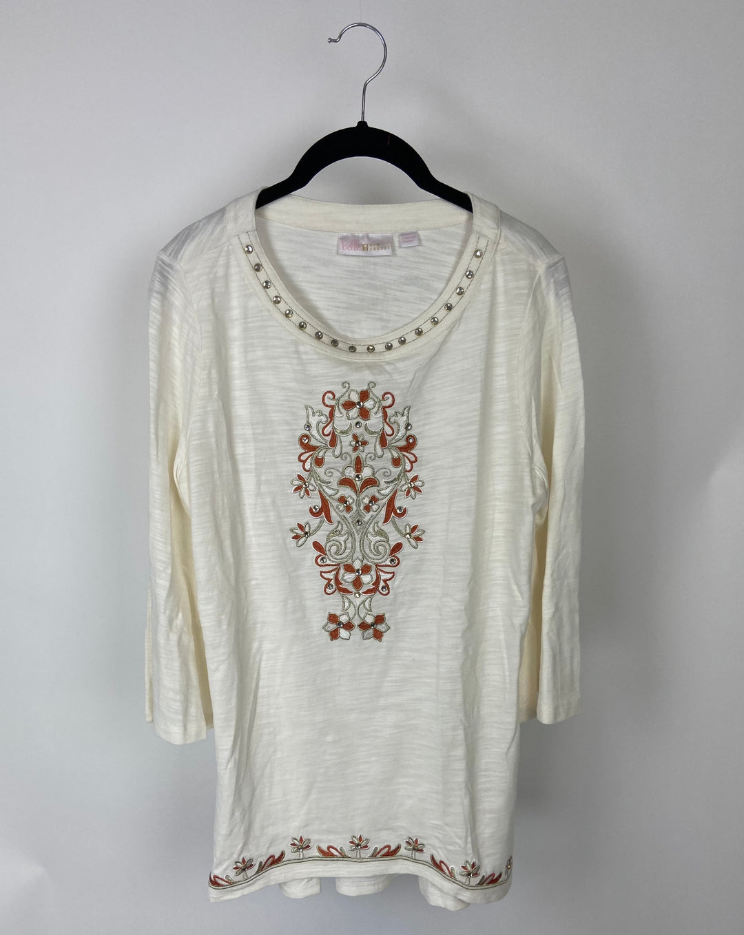 White Top With Burnt Orange Floral Embroidery - Small/Medium