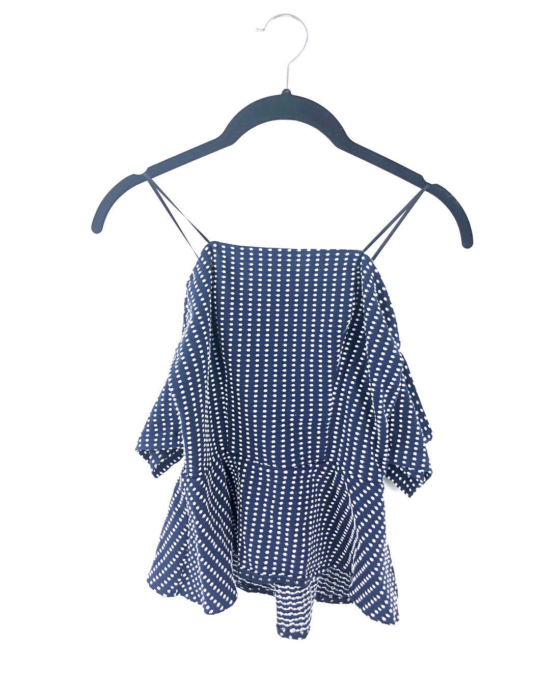 Off The Shoulder Blue And White Polka Dot Peplum Top - Small