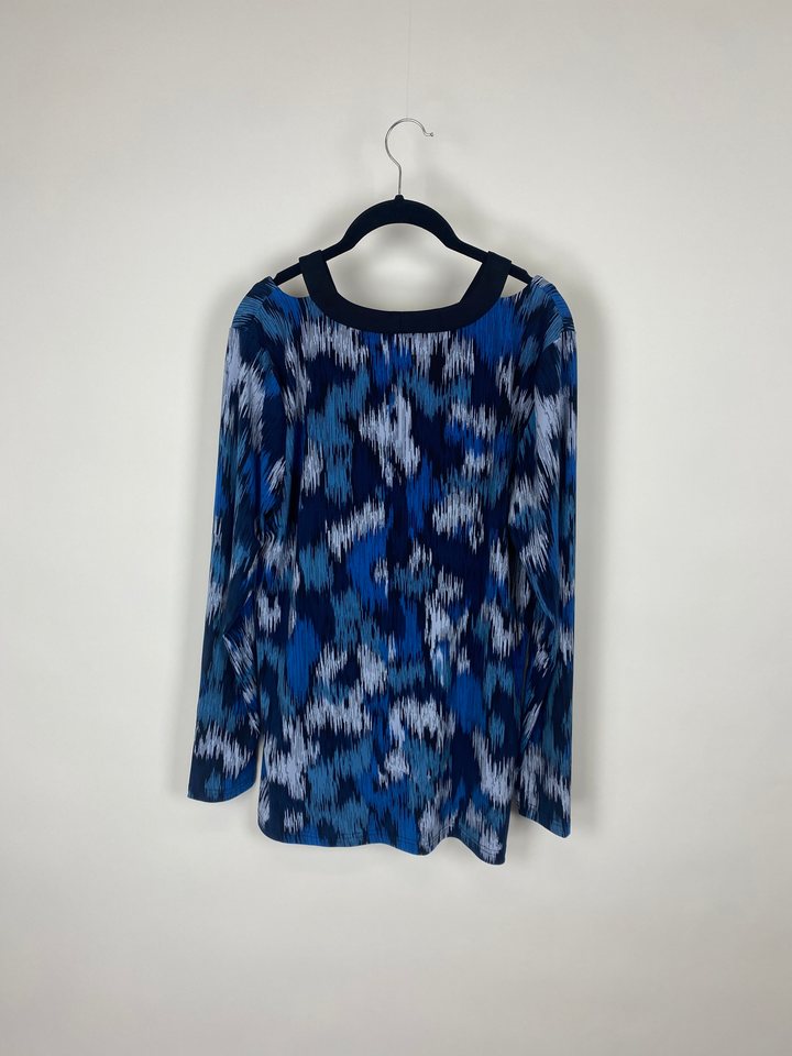 Blue Abstract Cutout Shoulder Top - Large/Extra Large