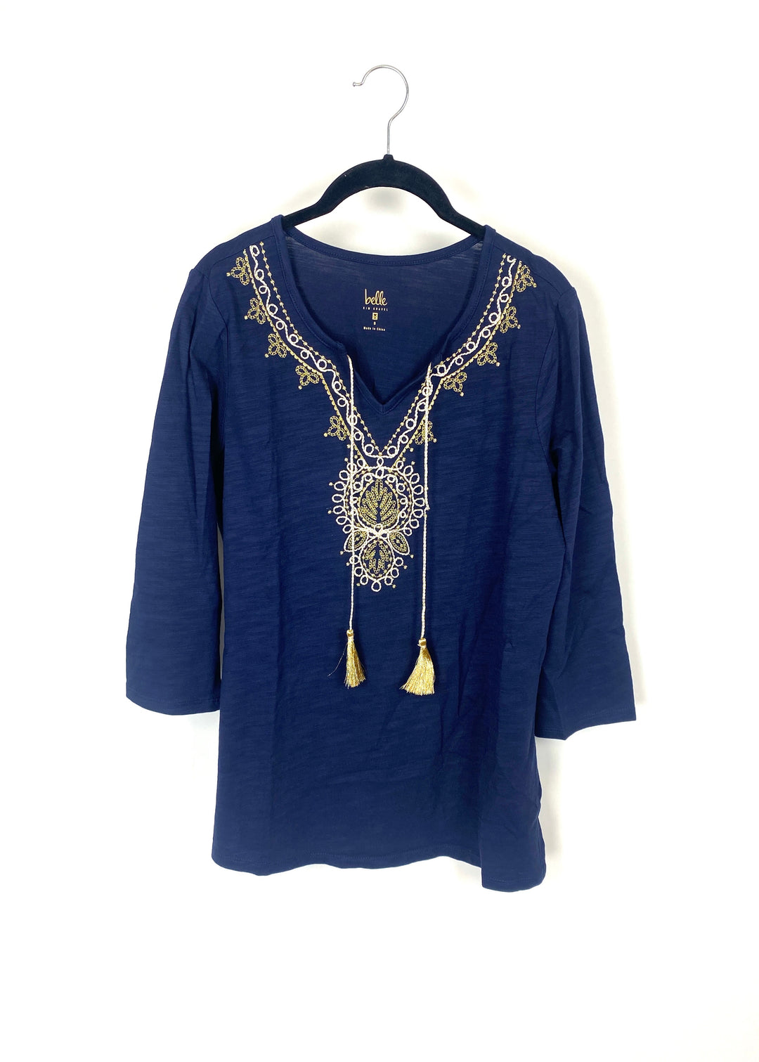 Navy Blue 3/4 Sleeve Top with White and Gold Embroidery - Small/Medium