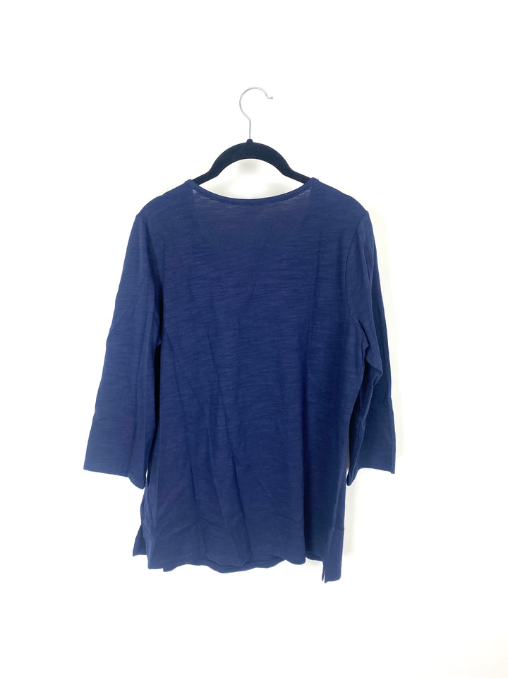 Navy Blue 3/4 Sleeve Top with White and Gold Embroidery - Small/Medium