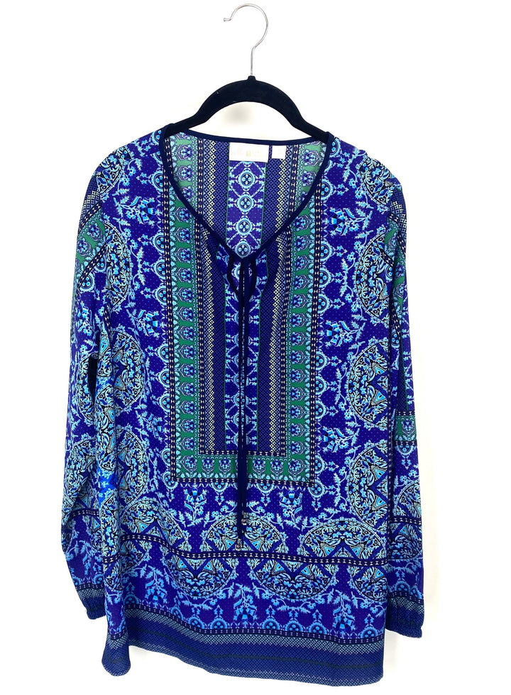 Purple, Green and Blue Abstract Printed Long Sleeve Top - Medium/Large