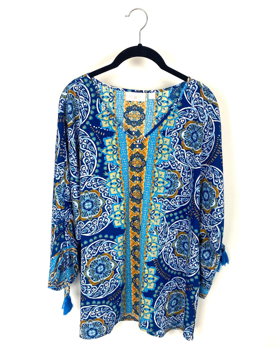 Yellow and Blue Abstract Patterned Long Sleeve Top - Medium/Large