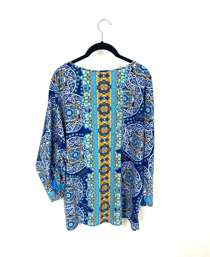Yellow and Blue Abstract Patterned Long Sleeve Top - Medium/Large