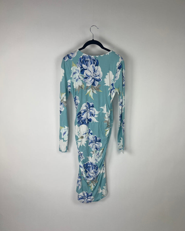 Turquoise Floral Ruched Midi Dress - Size 10