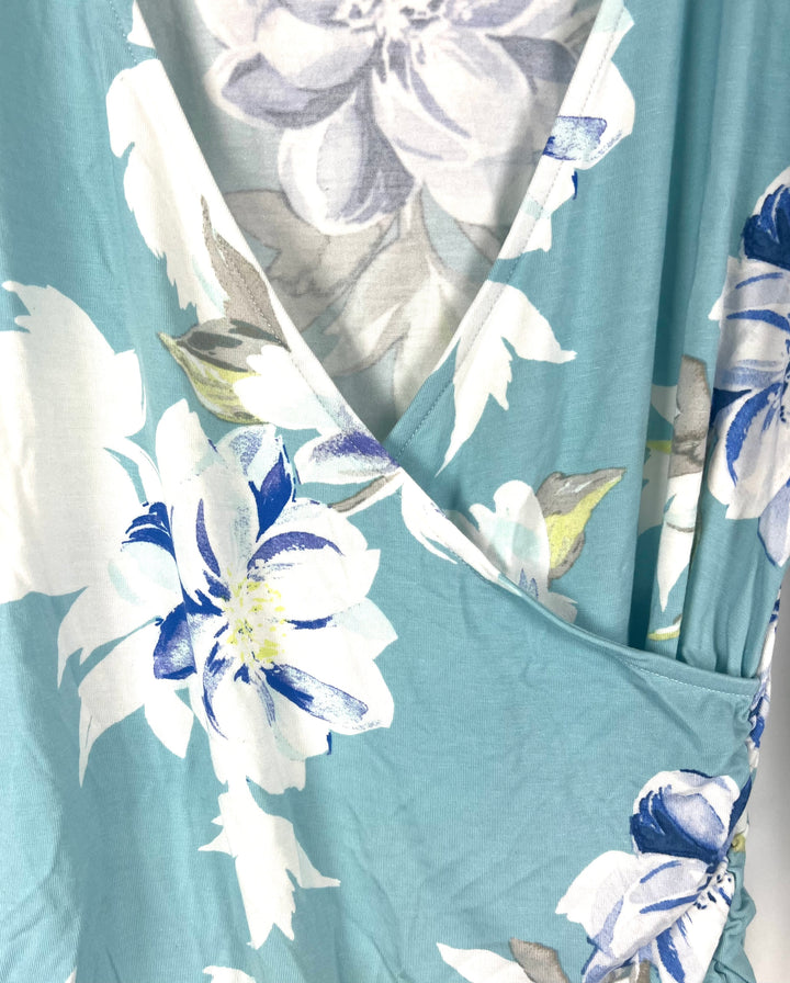 Turquoise Floral Ruched Midi Dress - Size 10