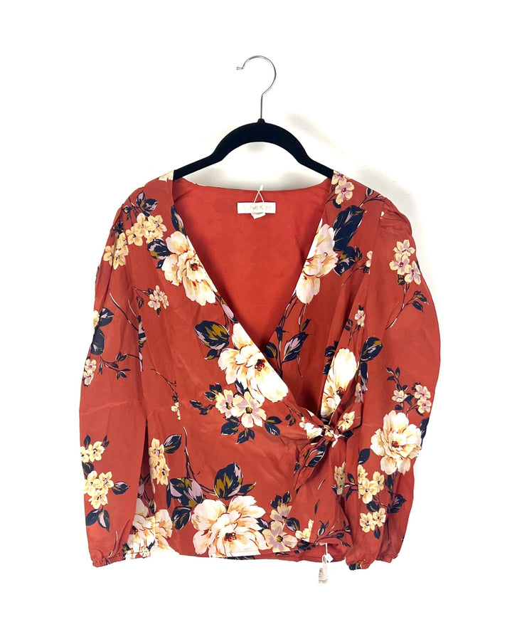 Rust Orange Floral Long Sleeve Wrap Blouse - Extra Small and Small
