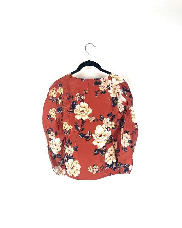 Rust Orange Floral Long Sleeve Wrap Blouse - Extra Small and Small