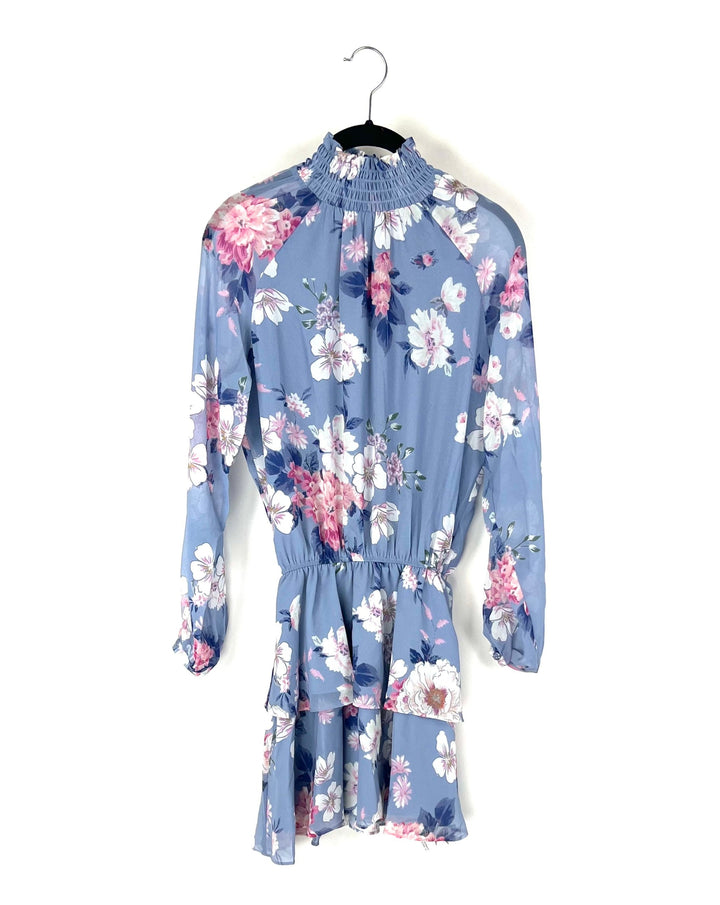 Light Blue Floral Long Sleeve Mini Dress - Extra Extra Small