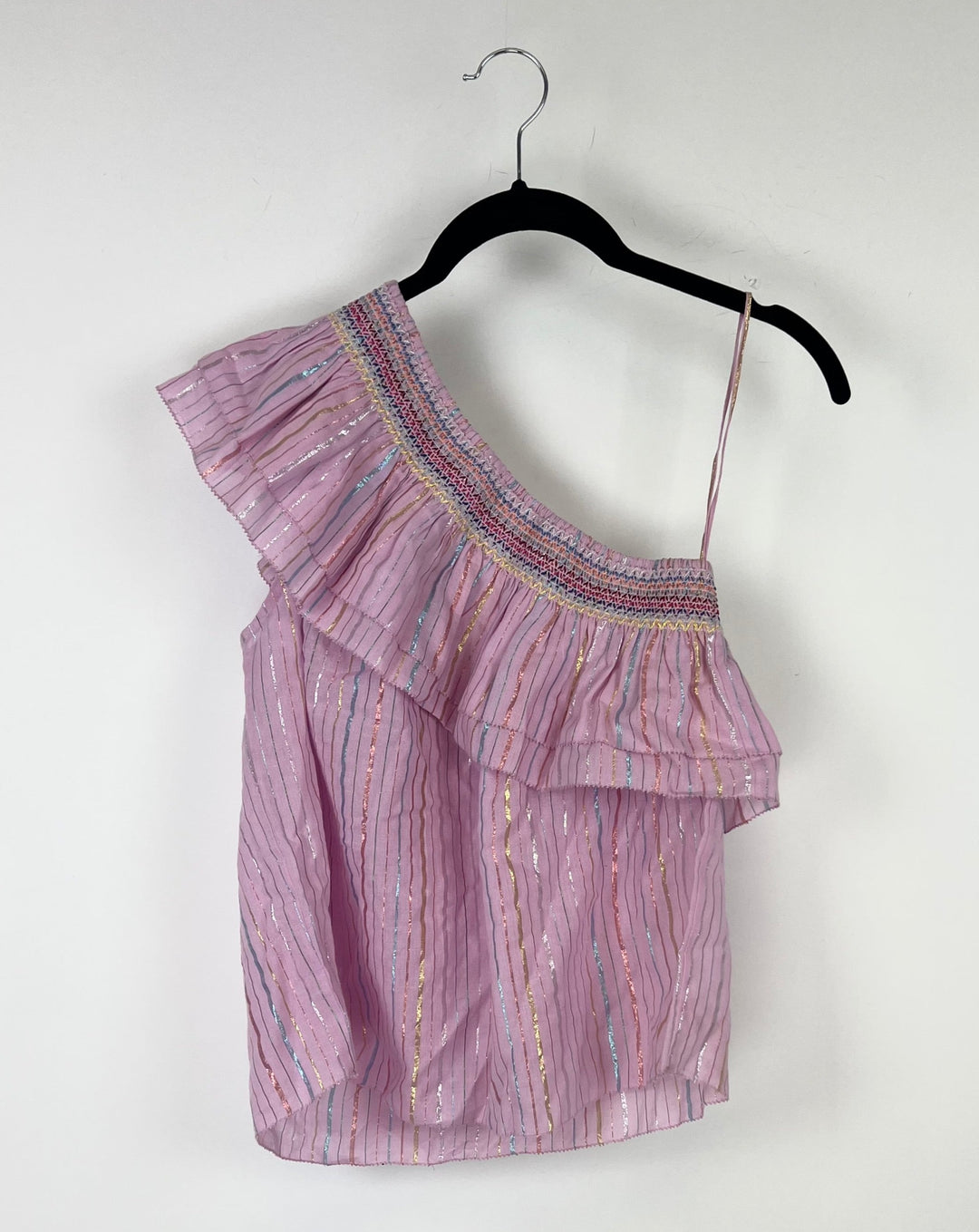 One Shoulder Pink Metallic Striped Blouse - Small