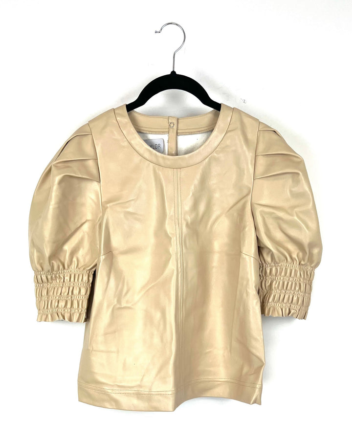 Beige Short Sleeve Faux Leather Blouse - Small