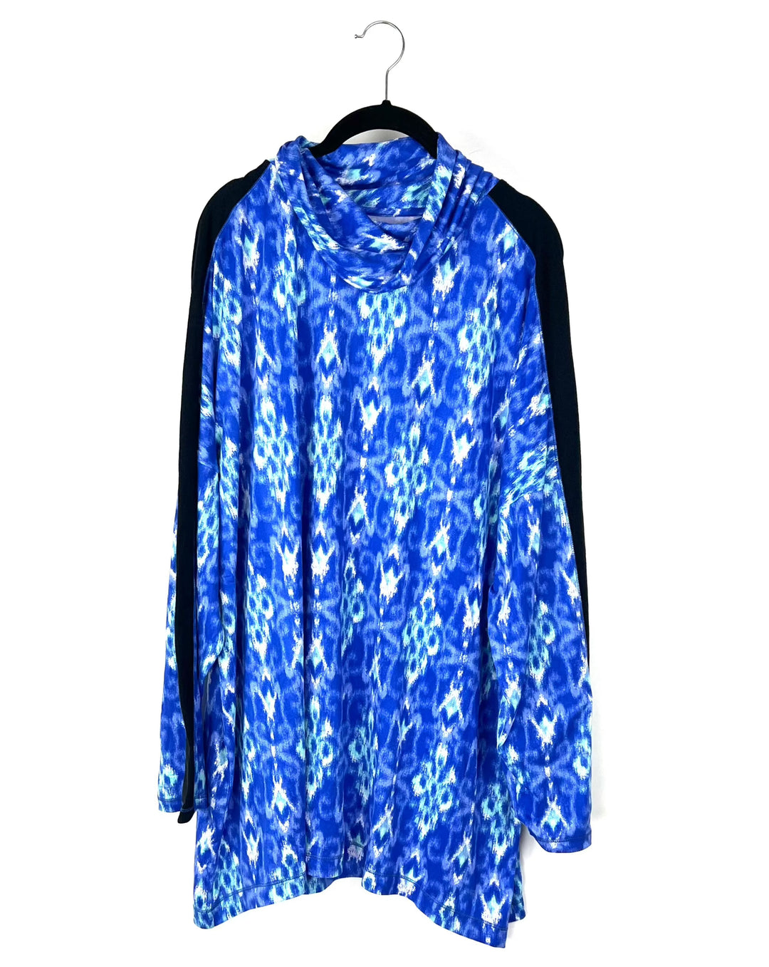Blue and Black Printed Turtle Neck Long Sleeve Top - 1x