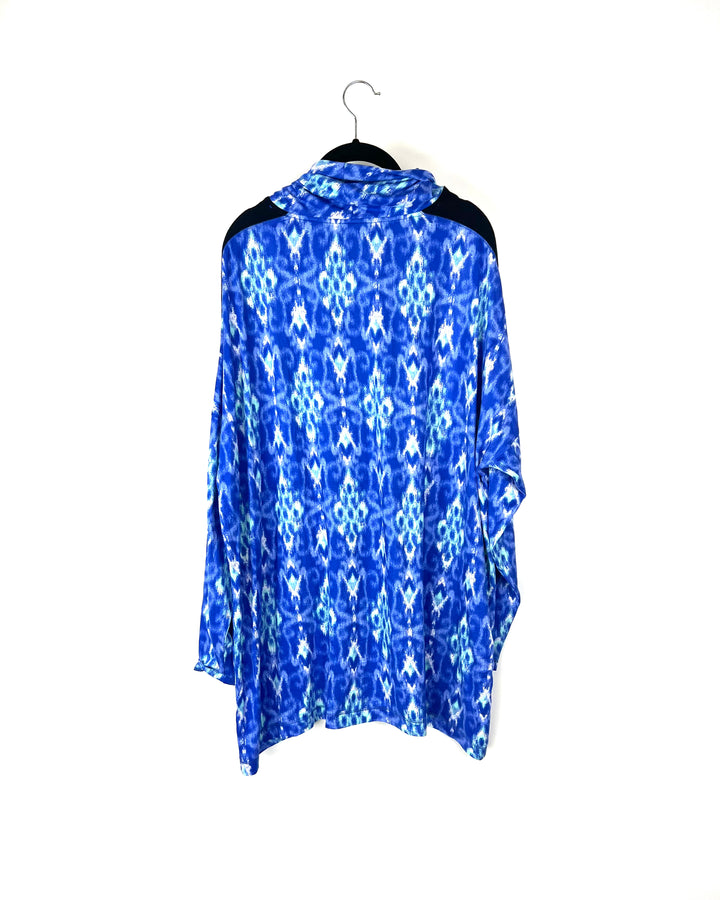 Blue and Black Printed Turtle Neck Long Sleeve Top - 1x