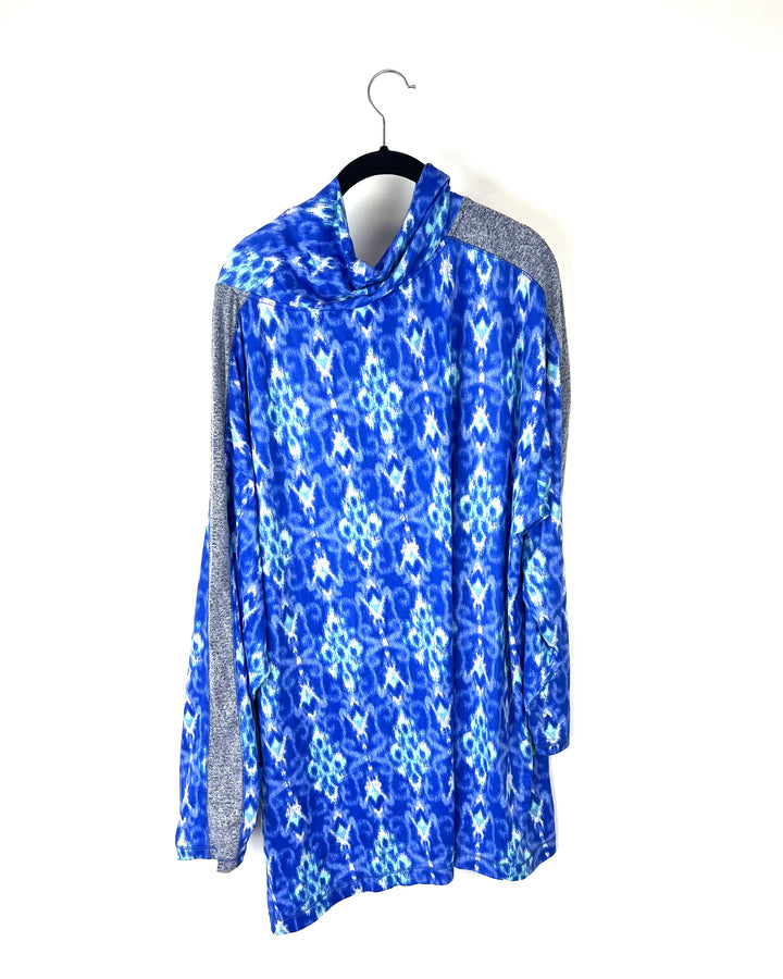 Blue and Grey Printed Turtle Neck Long Sleeved Top - 1x