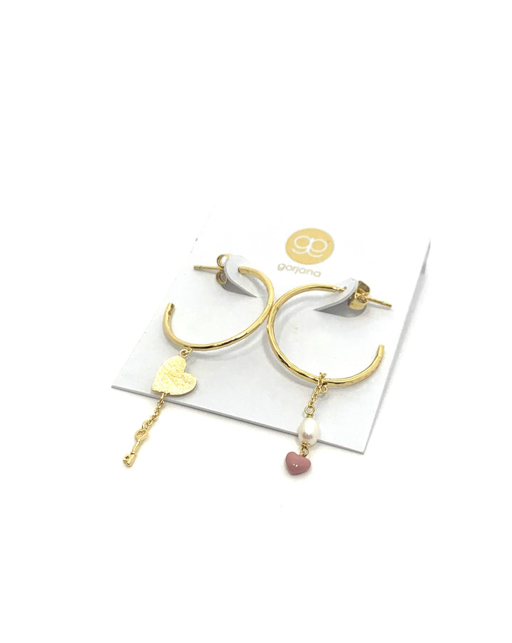 Gold Key and Heart Hoops