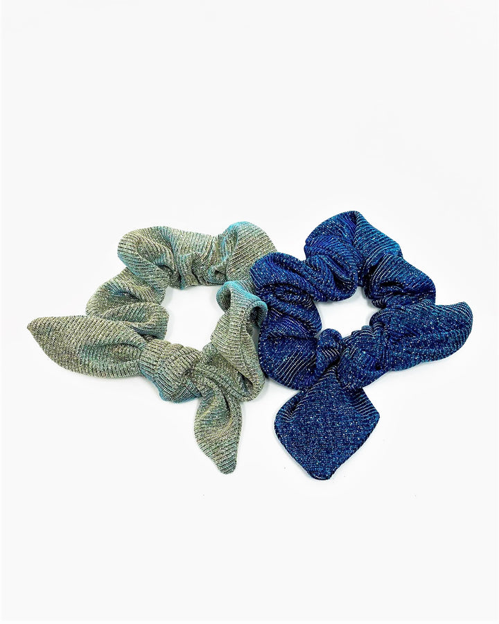 Green and Blue Metallic Bow Scrunchies Set