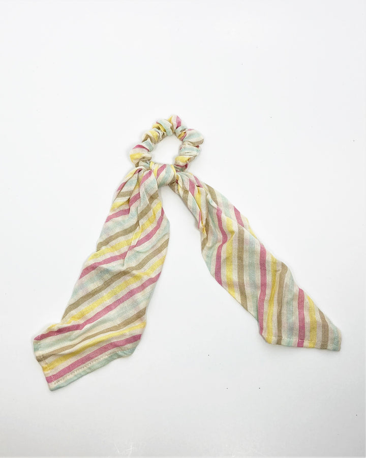 Cream Scrunchie with Colorful Striped Bow