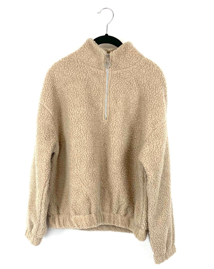 Tan Sherpa Quarter-Zip Cropped Sweatshirt - Medium/Large