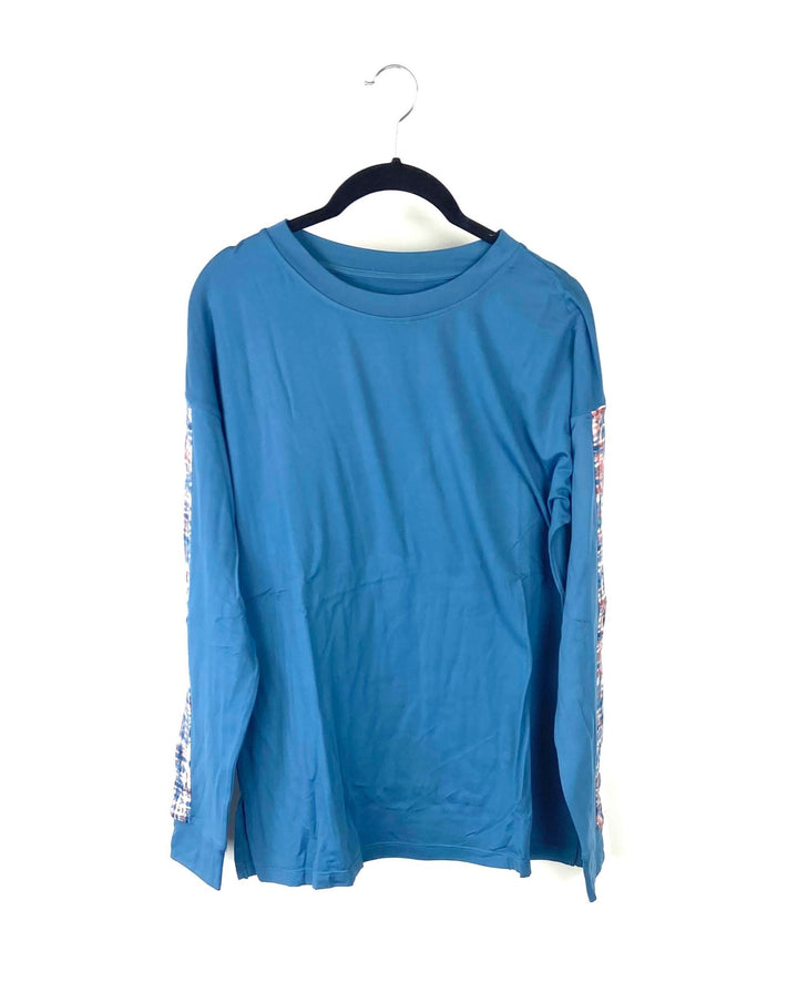 Blue Long Sleeve Top With Printed Sleeve - Size 6/8 and 14/16