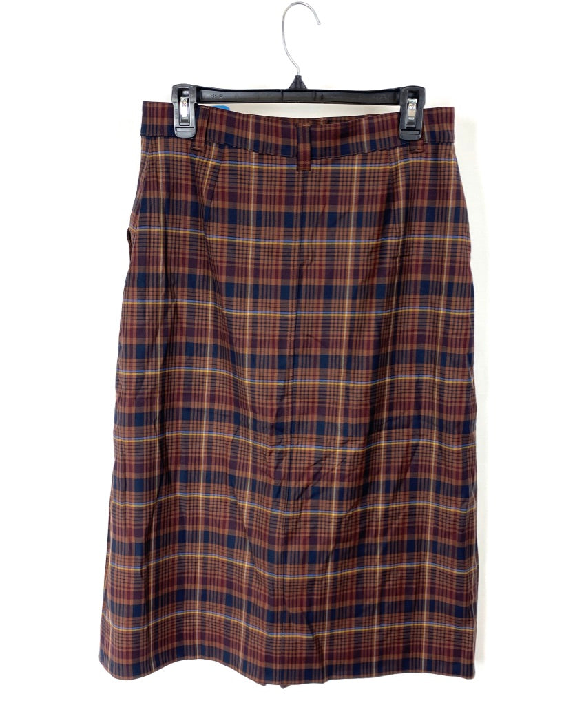 Brown Plaid Print Mid-Length Skirt - Size 8