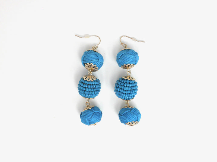 Blue Dangling Earrings with 3 Beaded and Knotted Circles - The Fashion Foundation - {{ discount designer}}