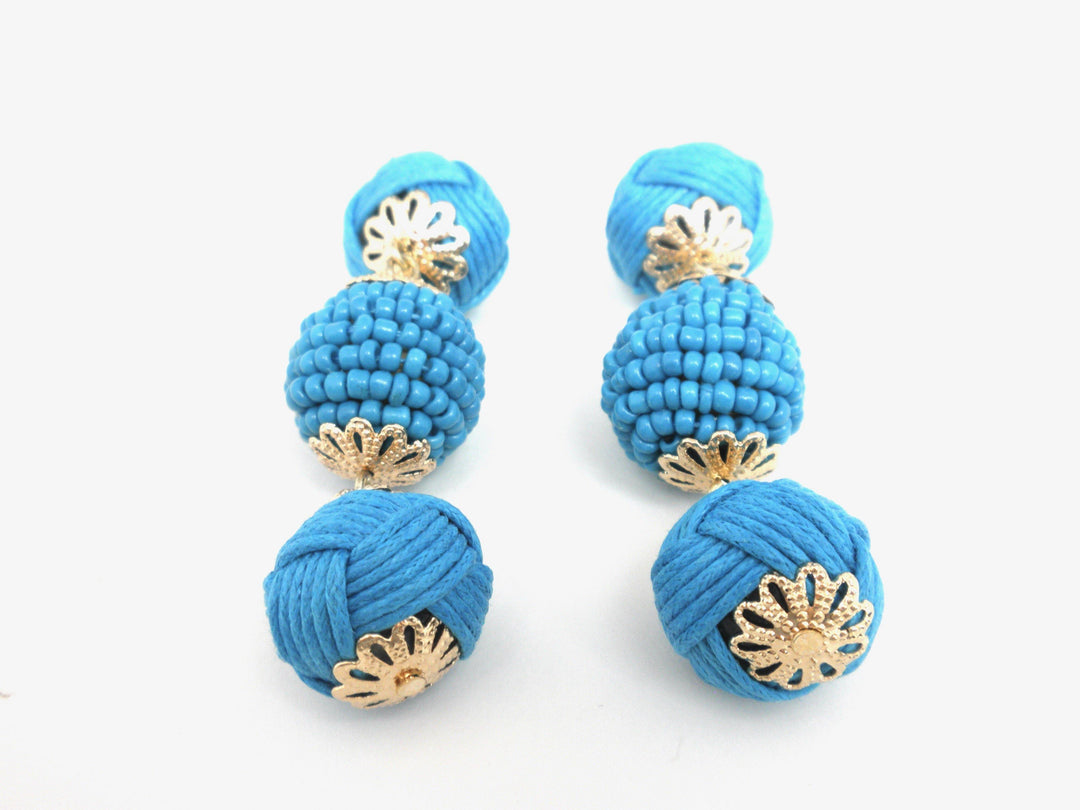 Blue Dangling Earrings with 3 Beaded and Knotted Circles - The Fashion Foundation - {{ discount designer}}