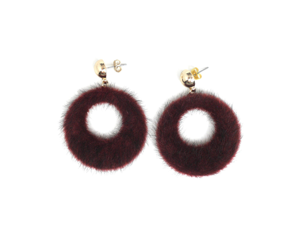 Dark Red Fuzzy Dangling Circle Earrings - The Fashion Foundation - {{ discount designer}}