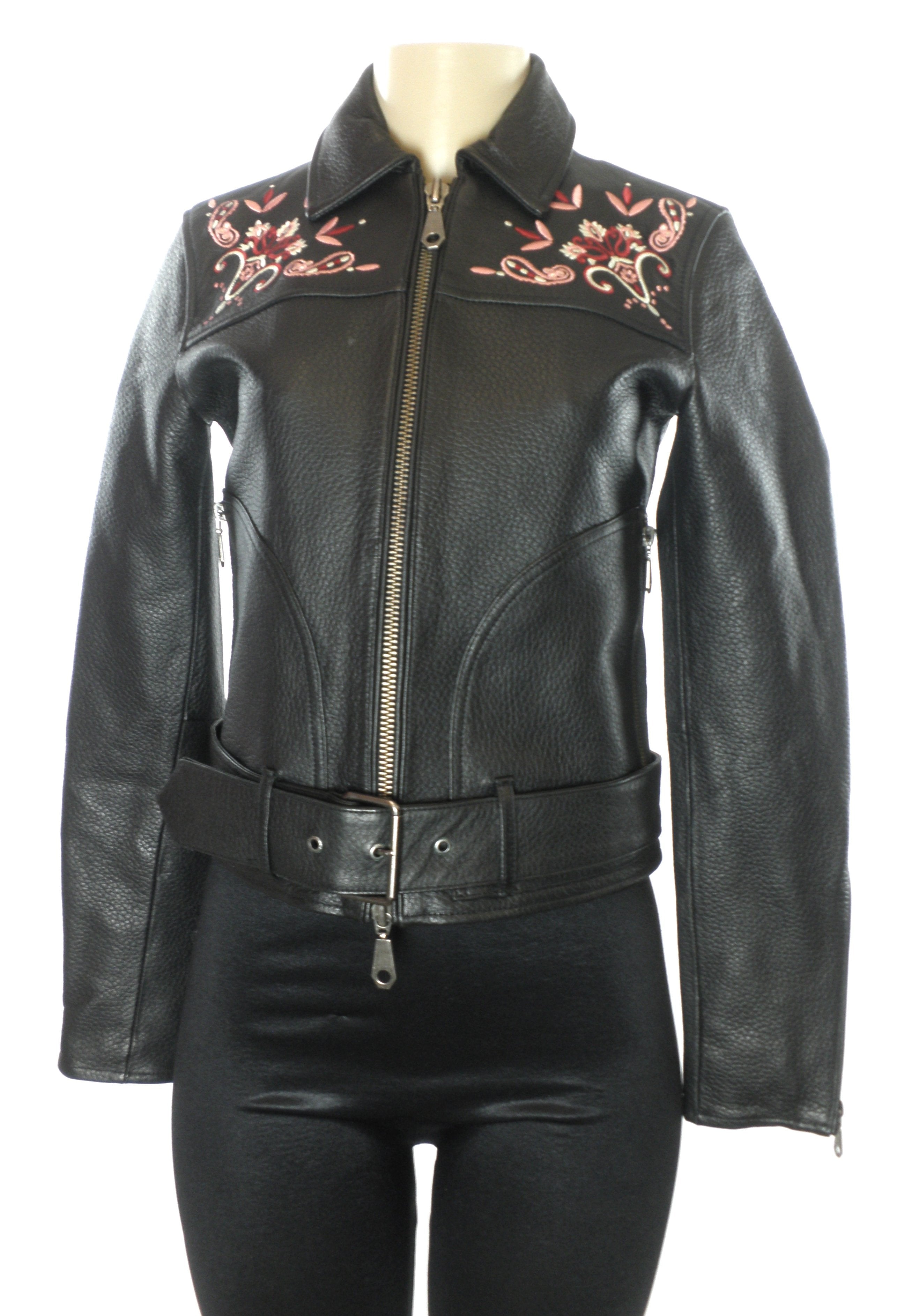 Floral Embroidered Black Leather Jacket - Extra Extra Small