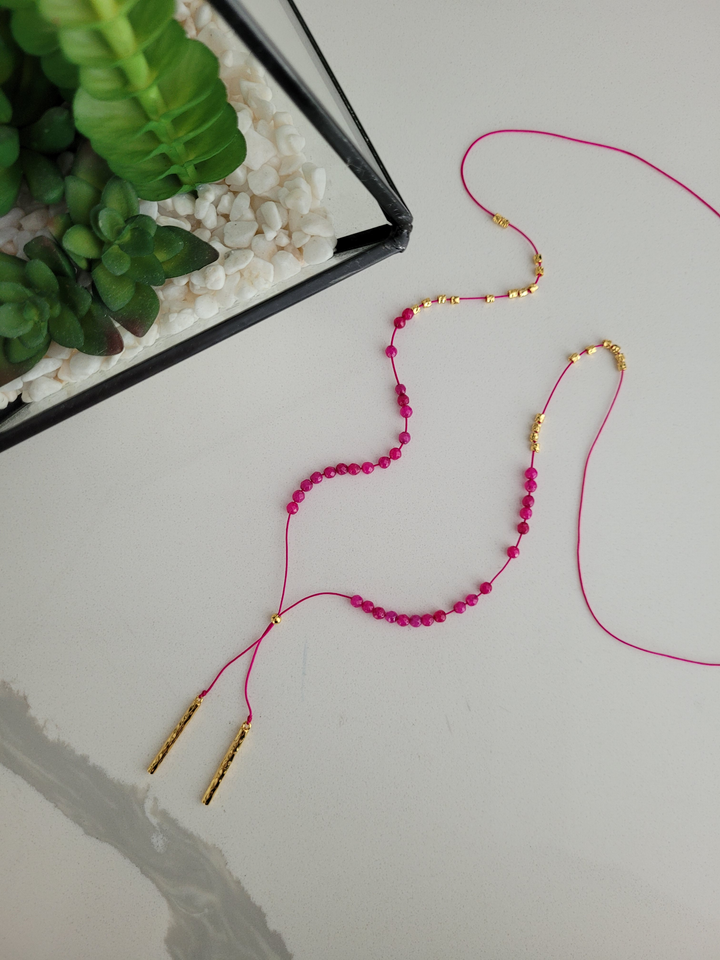 Pink String Necklace With Pink And Gold Beads