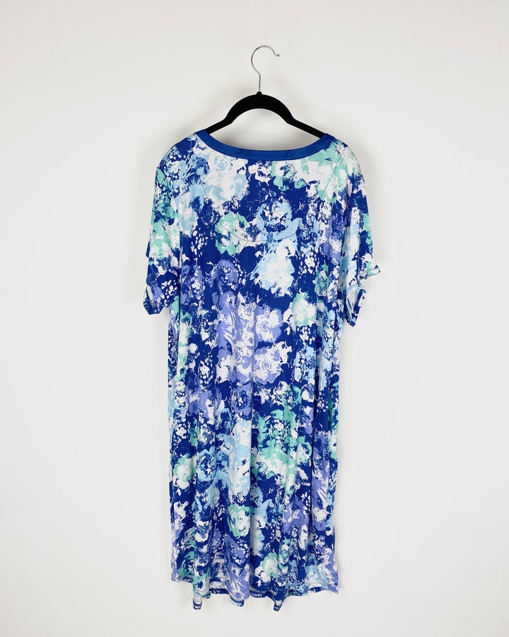 Blue Watercolor Print Dress - 1X