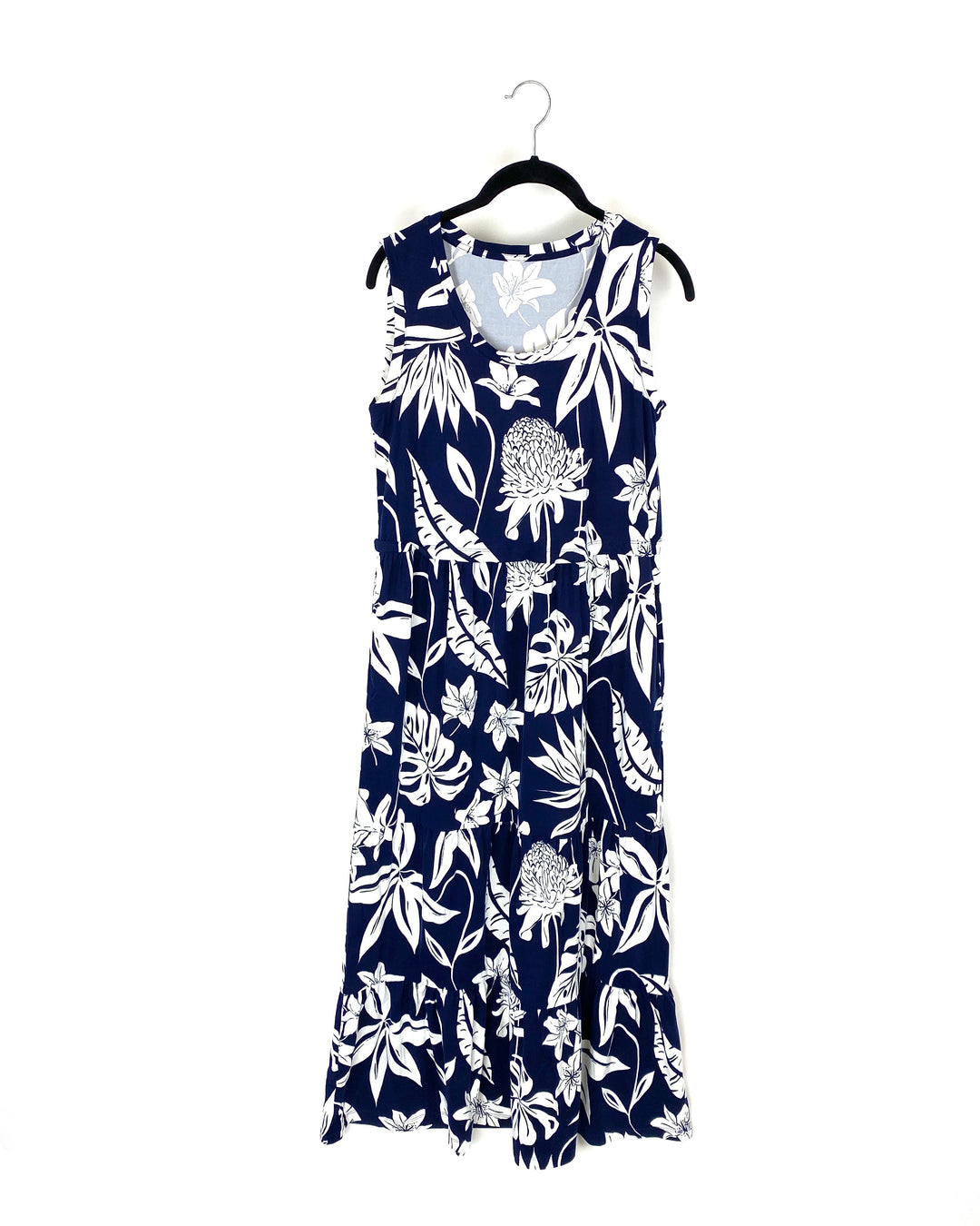 Navy Blue And White Floral Print Dress - Small/Medium