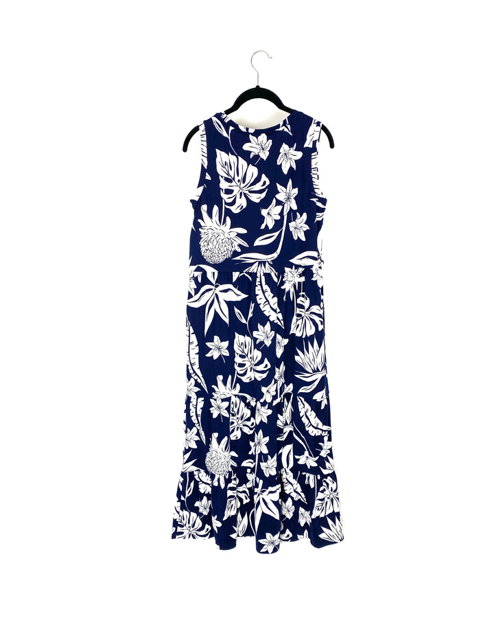 Navy Blue And White Floral Print Dress - Small/Medium