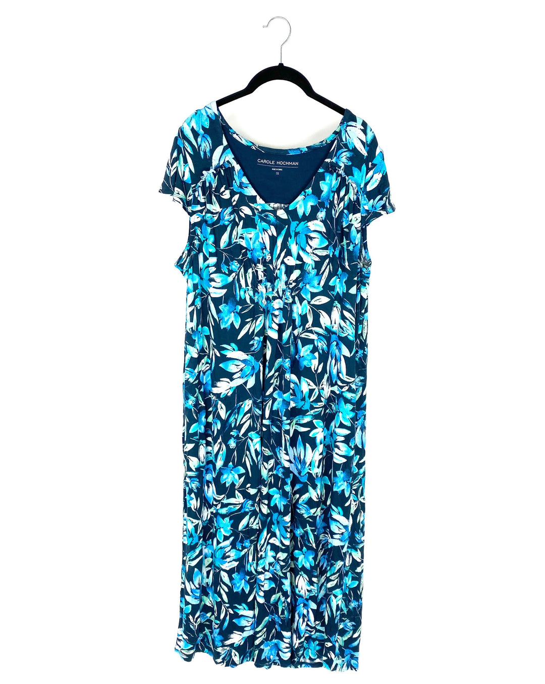 Blue And Black Leaf Print Dress - 1X