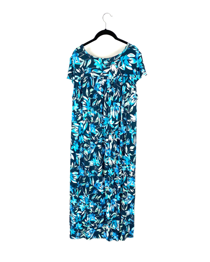 Blue And Black Leaf Print Dress - 1X