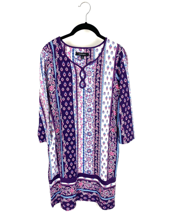 Purple Floral Print Long Sleeve Dress - Small