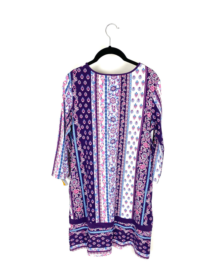 Purple Floral Print Long Sleeve Dress - Small