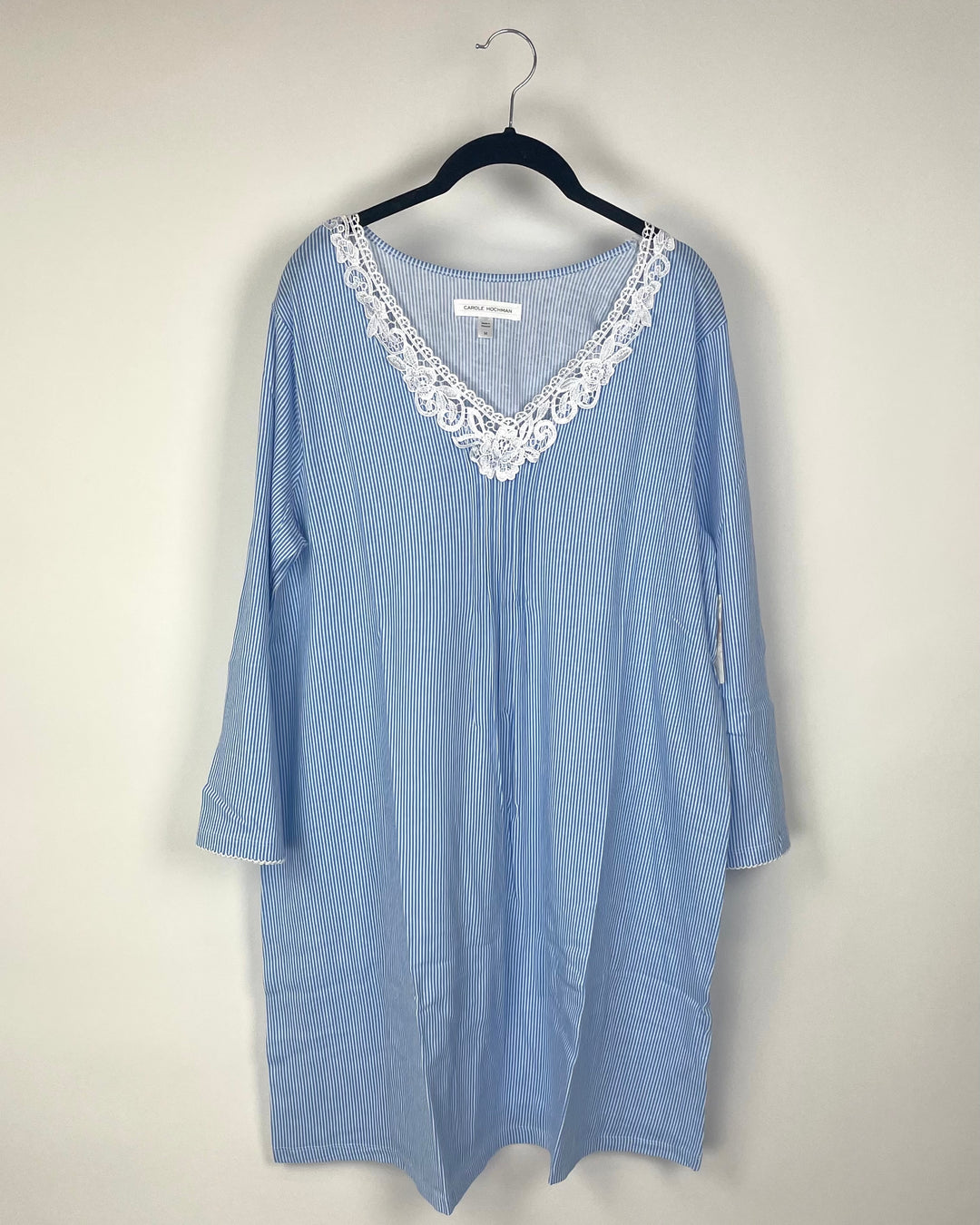 Long Sleeve Blue And White Striped Nightgown - Medium