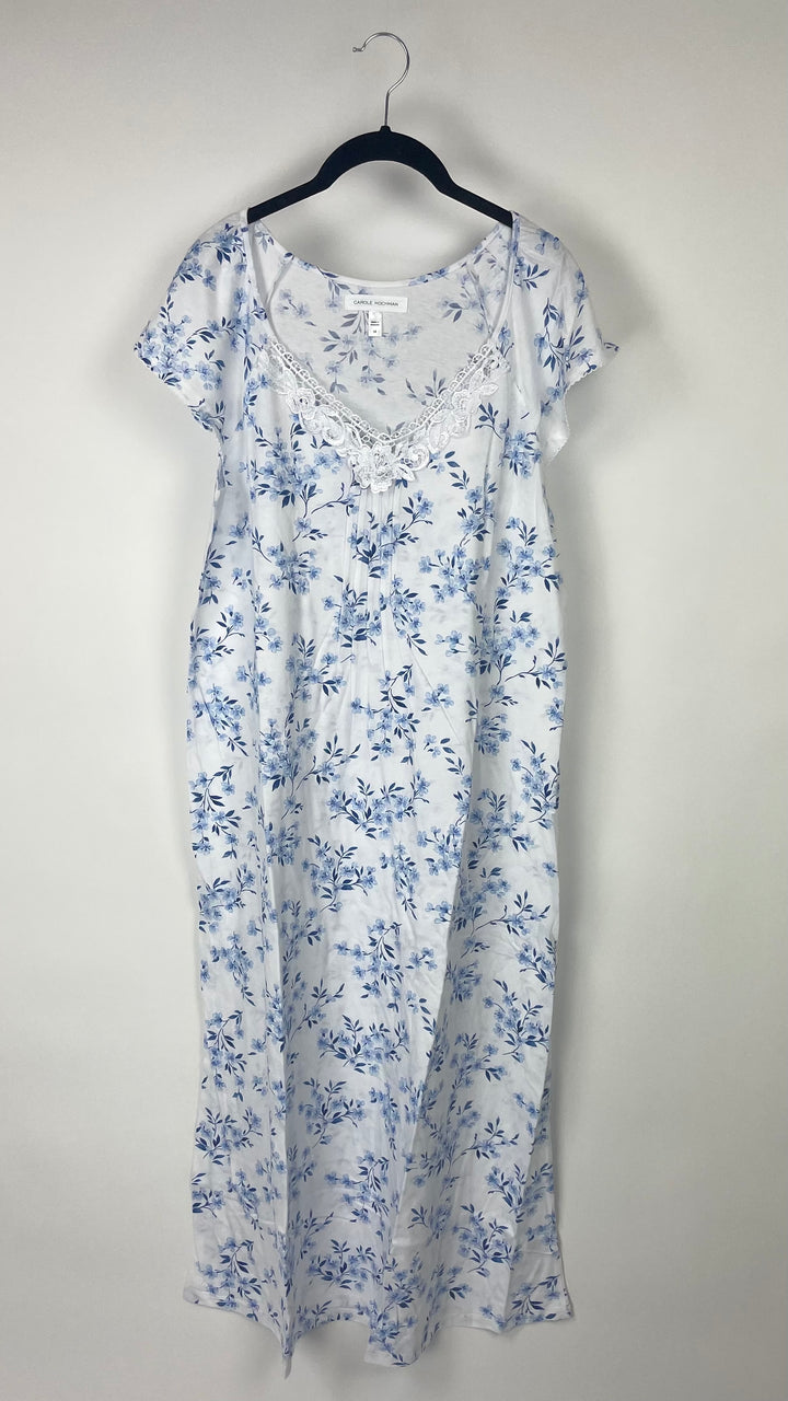 Long Blue And White Floral Print Nightgown - Medium