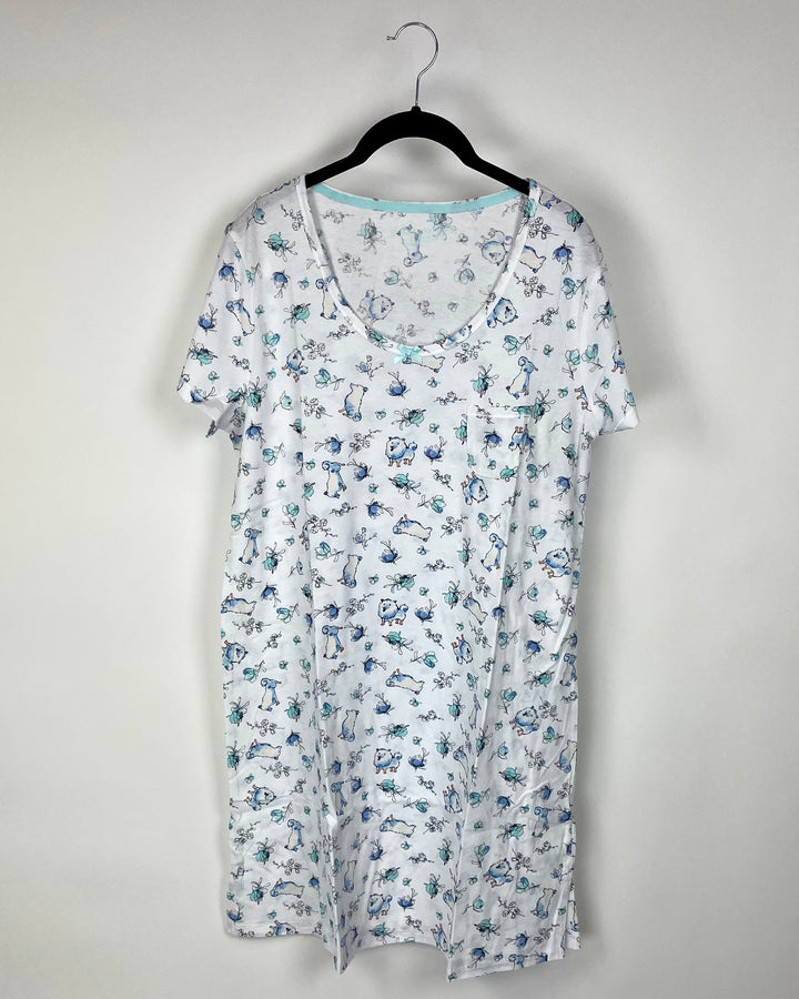 White And Blue Dog Print Nightgown - Medium