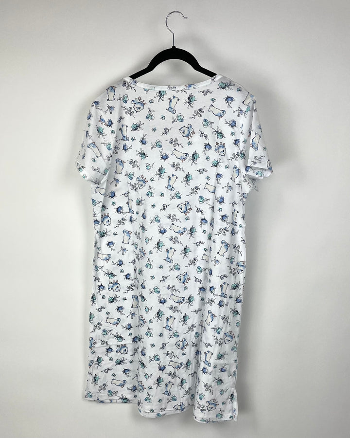 White And Blue Dog Print Nightgown - Medium