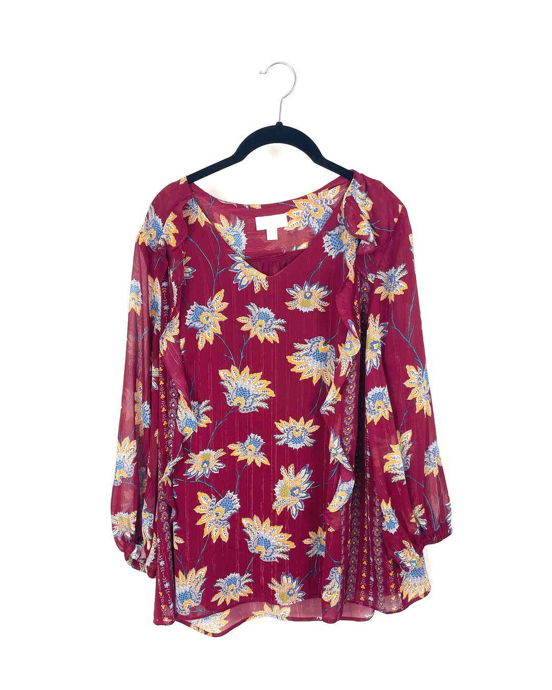 Red Floral Long Sleeve Blouse - Large/Extra-Large