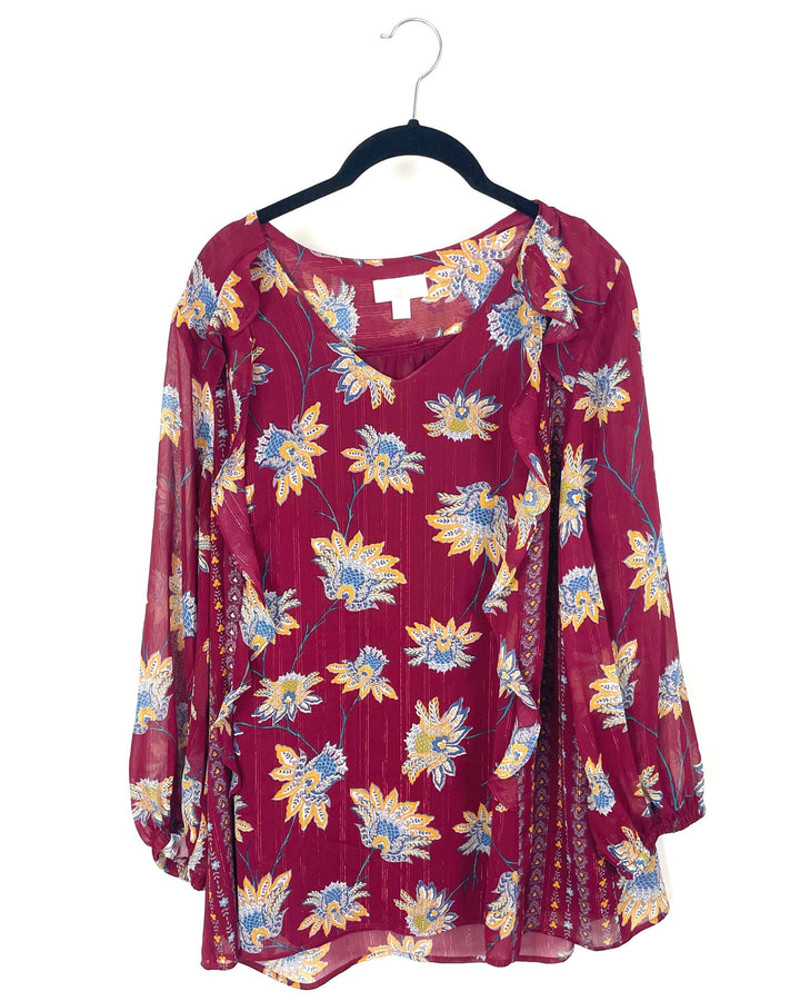 Red Floral Long Sleeve Blouse - Large/Extra-Large