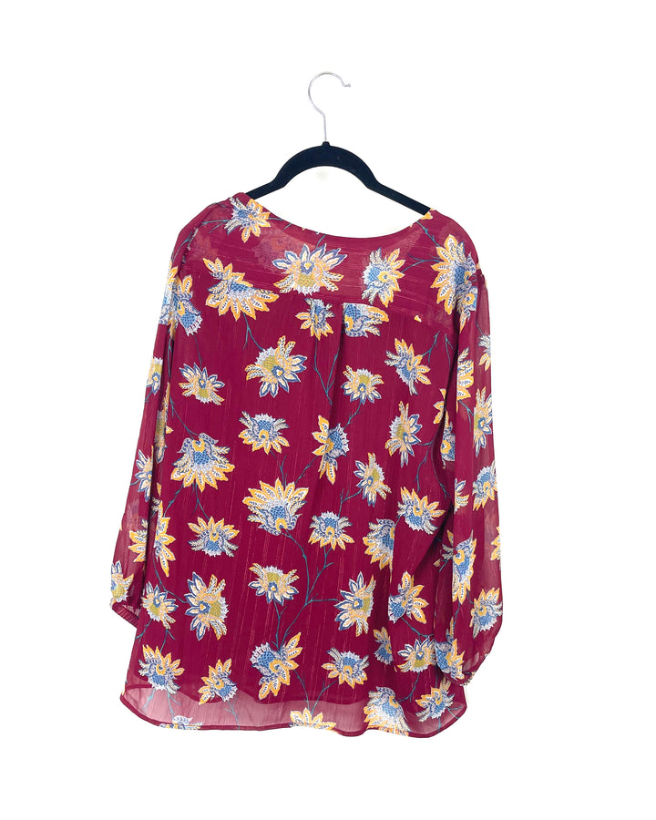 Red Floral Long Sleeve Blouse - Large/Extra-Large