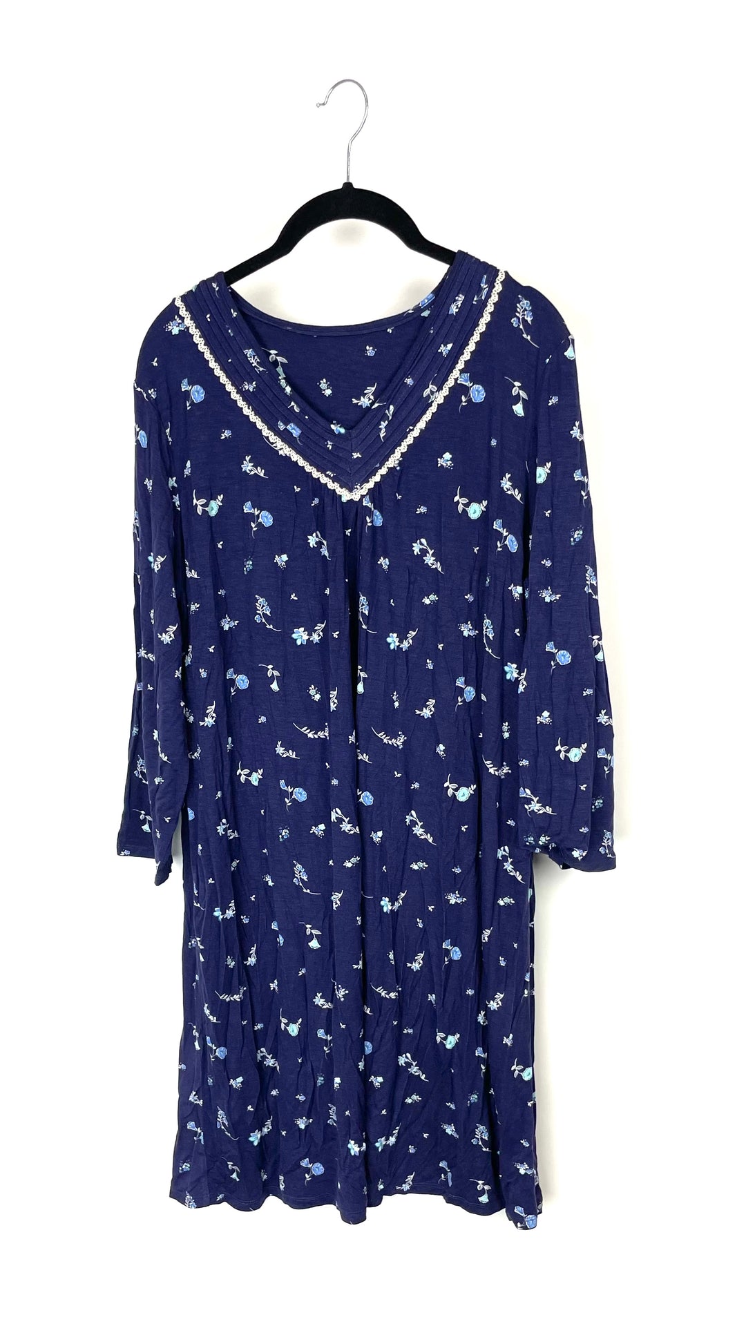 Navy Blue With Floral Design Long-Sleeve Nightgown - Medium