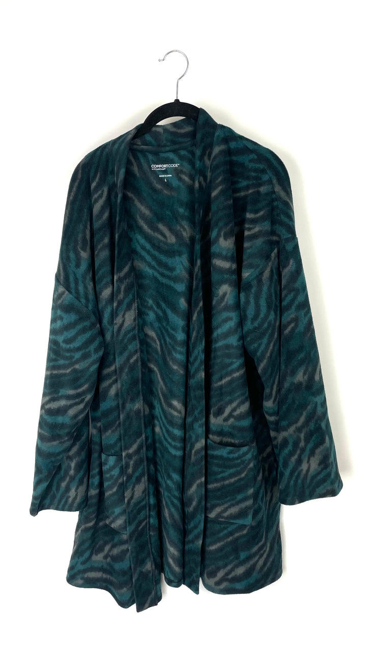 Fleece Green Animal Print Cardigan - Large